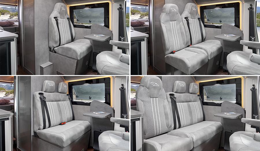 4 VARIANTES DE SIÈGES POSSIBLES | Siège individuel de confort automobile, avec extension pour siège supplémentaire (en option) ou une banquette permettant jusqu'à 5 places assises (2+1 en option).